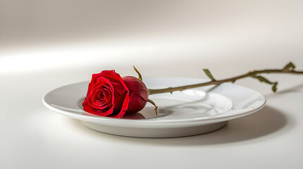 A single red rose is positioned delicately on a white plate, creating a striking contrast between the vibrancy of the flower and the simplicity of the dish.