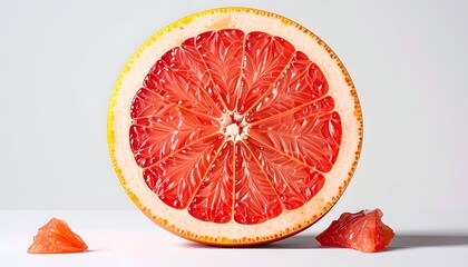 Close-up of a halved, vibrant pink fruit with two fallen segments