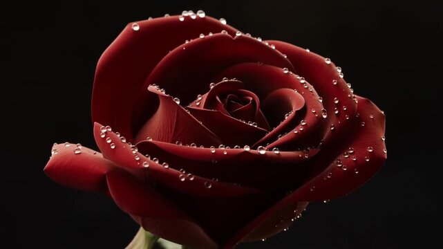 Single red rose bud with sparkling dew drops on its velvety petals in soft morning backlight against a dark background concept of timeless romance and natural elegance