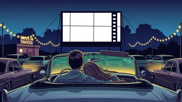 Couple enjoying a romantic night at a vintage drive in movie theater with snacks and string lights with vintage cars and movie screen and outdoor cinema