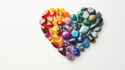 Colorful gemstones arranged in the shape of a heart