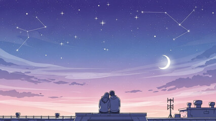 Couple sitting on rooftop looking at stars and moon in night sky with constellations with romantic and love and city and relationship and clouds © Ateeq