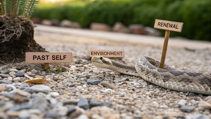 Snake shed skin resting on gravel with signs about self and environment