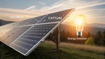 Solar panel capturing sunlight to power a bright light bulb