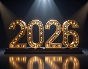 Illuminated "2026" marquee sign on a stage, lit with spotlights