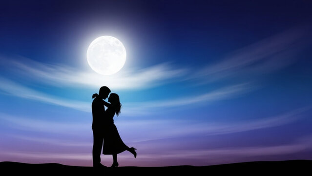 Romantic couple silhouette kissing under full moonlight at dusk with beautiful sky background with love and romance and tender and intimate and relationship
