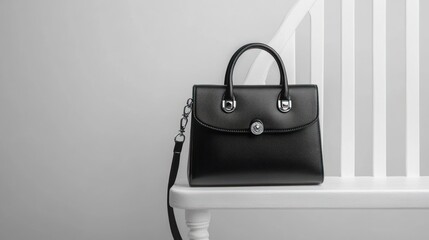 Elegant Black Leather Handbag with Strap on White Wooden Bench