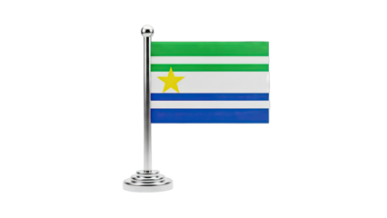 Small desk flag with green, white, and blue stripes and a yellow star