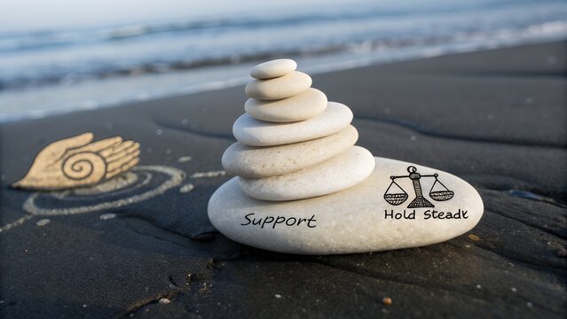 Stacked smooth light colored pebbles on a beach showing balance and support - Powered by Adobe