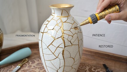 Woman repairing a shattered ceramic vase with gold paint
