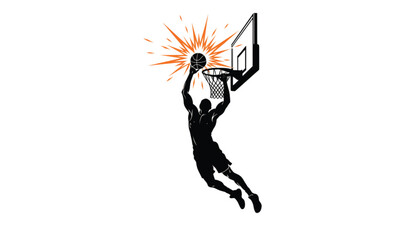 Obraz premium Dynamic basketball player slam dunk silhouette, athletic man dunking ball in hoop with orange explosion, sports vector illustration