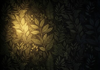 Botanical tapestry, gilded leaves in low light, nature's elegance depicted