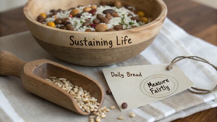 Wooden bowl of grains and nuts with text cards