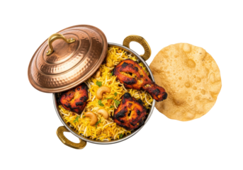 chicken biryani with papad in copper pot - vibrant indian dish