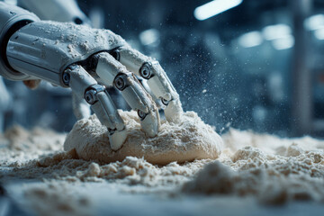 Macro Photo of Robotic Fingers Kneading Dough in Flour Dust