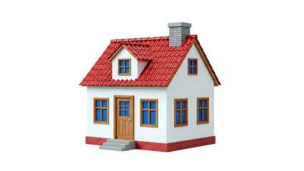3D Render of a Small White House with Red Tiled Roof