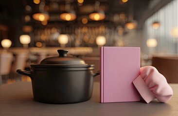 Culinary Essentials: Pot, Cookbook, and Chef's Hat in a Warm Ambiance