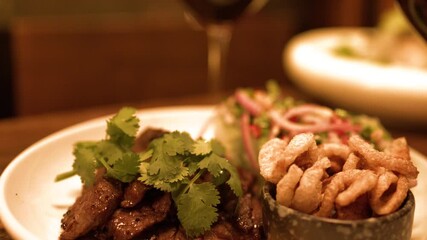 Gourmet Thai Wagyu Beef Steak with Crispy Pork and Red Wine