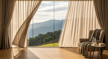 Comfortable relaxation scene, serene mountain view through large window
