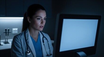 Female doctor focused on analyzing data on a computer screen in a dark medical laboratory