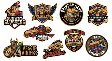 Collection of vector sub sandwich sports team logos and esports mascots featuring baseball slugger, viking, tiger and pilot badges for branding identity.