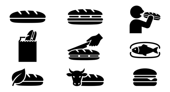 Set of black vector sub sandwich glyph icons featuring person eating, knife cutting bread, fresh ingredients, beef and fish symbols for food packaging signage.