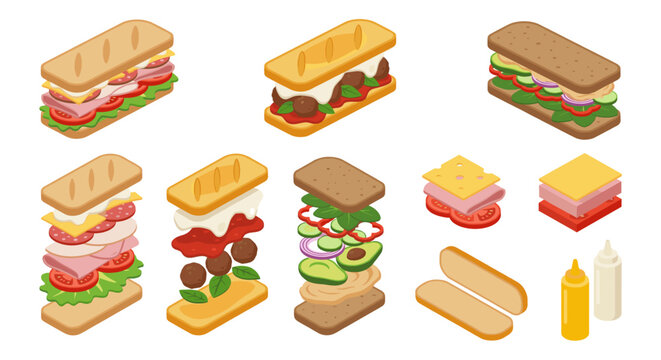 Isometric vector sub sandwich set featuring assembled and exploded views of italian, meatball and veggie subs with isolated ingredients and sauce bottles.