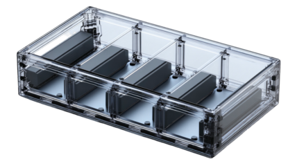 Clear case containing four gray rectangular objects, elevated by support columns