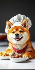Adorable Shiba Inu chef in hat, smiling, ready for treats,  studio,  baking