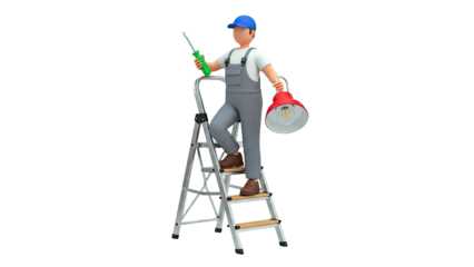 Cartoon handyman on ladder with screwdriver and lamp