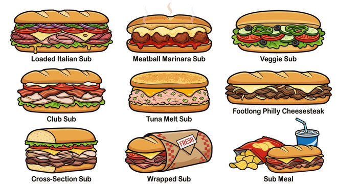 Collection of delicious vector sub sandwich illustrations including meatball, veggie, tuna melt, and philly cheesesteak with soda and chips for fast food menu.