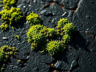 Microcosm of fractal moss on slate, emerald dew drops,  dew,  fractal