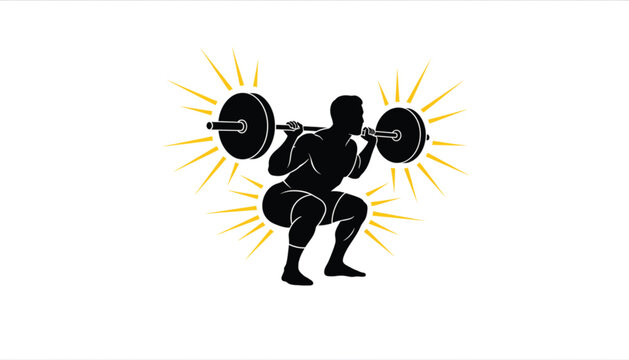 Man Lifting Weights with Yellow Sunburst Background Silhouette