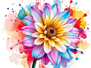 Stylized blooming flower with vibrant watercolor splashes, evoking joy and creativity,  abstract,  watercolor