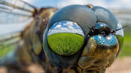Extreme macro close-up of a dragonfly eye showing detailed hexagonal patterns and nature reflection