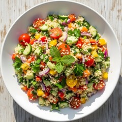 Fresh and colorful quinoa salad with vegetables and herbs in a bowl