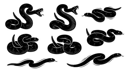 Black silhouette rattlesnake vector illustration set isolated on white background venomous viper snake wild reptile animal glyph stencil tattoo design element in strike pose