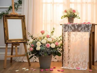Elegant wedding decorations roses and empty golden frame on a wooden easel
