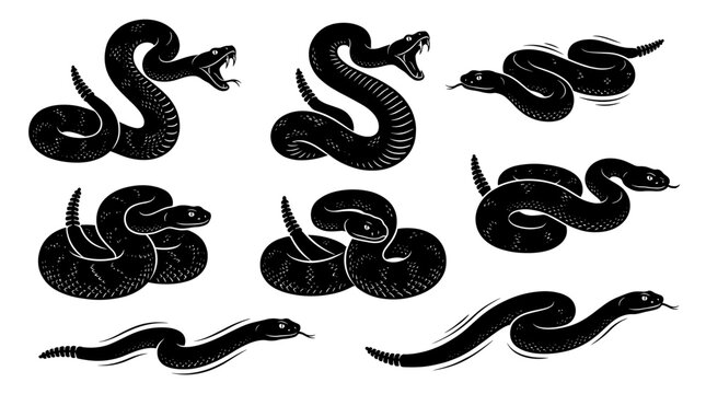 Black silhouette rattlesnake vector illustration set isolated on white background venomous viper snake wild reptile animal glyph stencil tattoo design element in strike pose