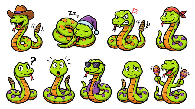 Cute rattlesnake mascot character vector illustration set isolated on white background funny green snake with cowboy hat sleeping and party expression for sticker or kids design