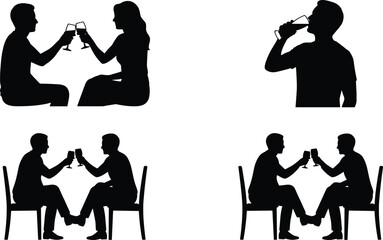 People drinking wine silhouettes set, couples toasting glasses and man drinking beverage icons isolated on white background vector illustration design