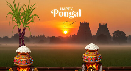 Happy Pongal text decorated pot with sugarcane and temple silhouette sunrise banner background for harvest celebration, makar sankranti and lohri