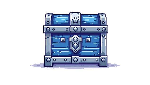 Aesthetic pixel art treasure chest with calming blue and silver colors, neatly centered on a white background