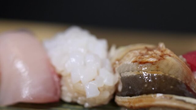 Close Up of Traditional Japanese Omakase Sushi Platter with Fresh Nigiri