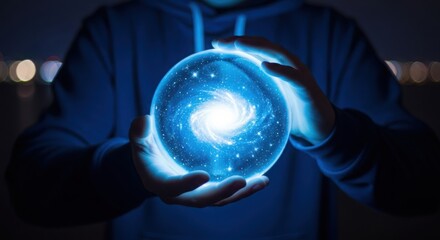 Person holding glowing blue energy orb mystical future vision