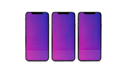 Three smartphones with purple and blue gradient screens