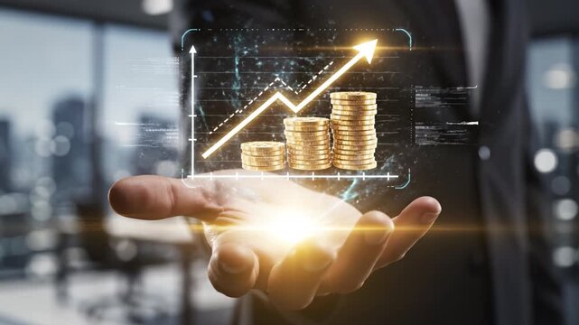 Gold coin stack upward arrow growth chart investment finance business hand glowing light sparkling particles palm evoke innovation digital technology empowerment profit increase financial graph