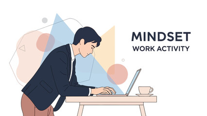 Man working on laptop, coffee cup, geometric shapes, business mindset, office work