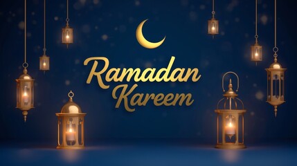 Ramadan Kareem 3D Deep Blue Background with Glowing Lanterns
