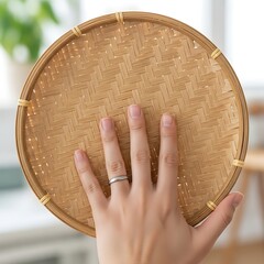 Holding a woven plate, display of craftsmanship and organic texture